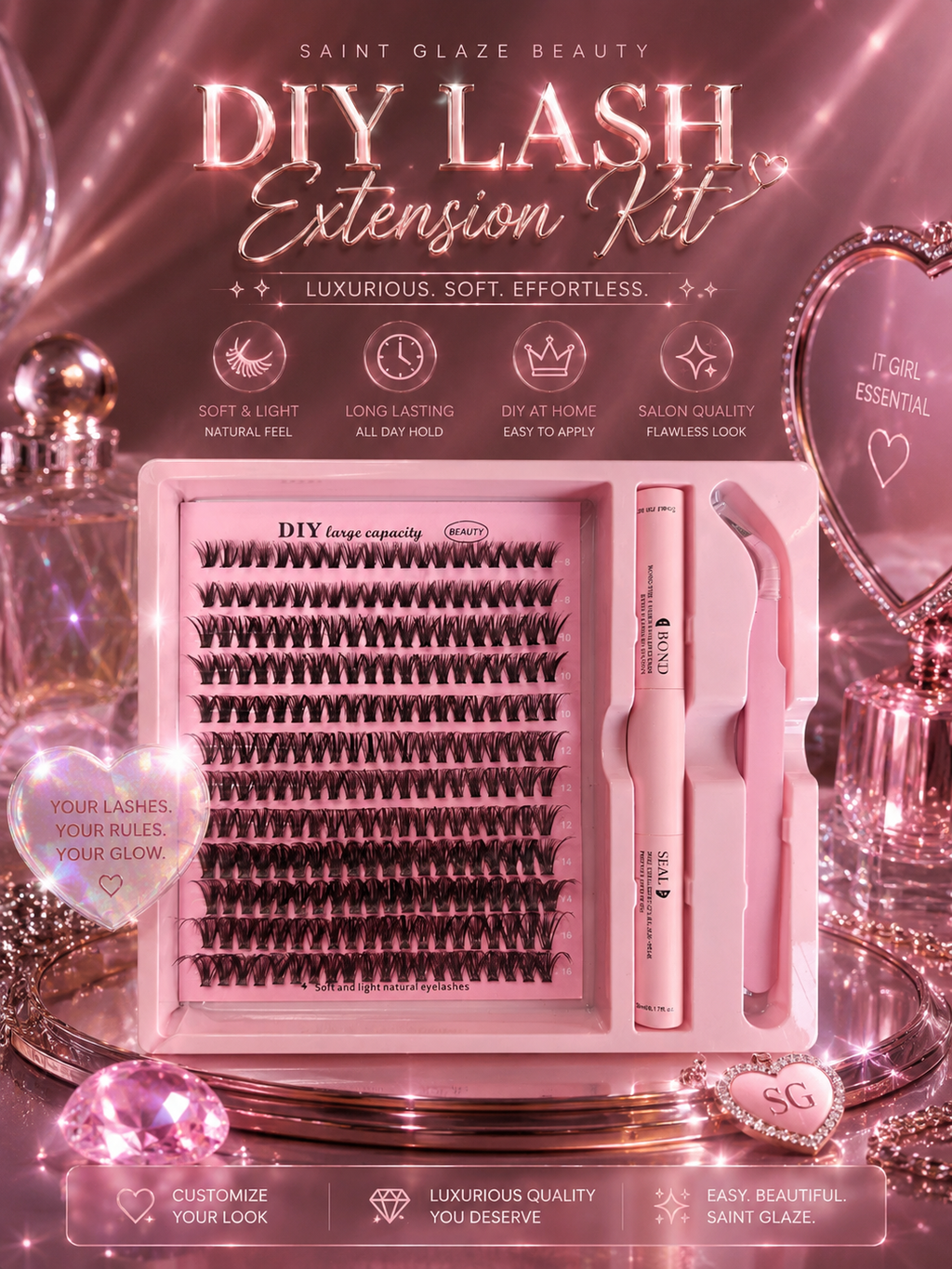 DIY Clusters Lash Kit Full Set 8-16mm Mix Bond&Seal/Tweezers