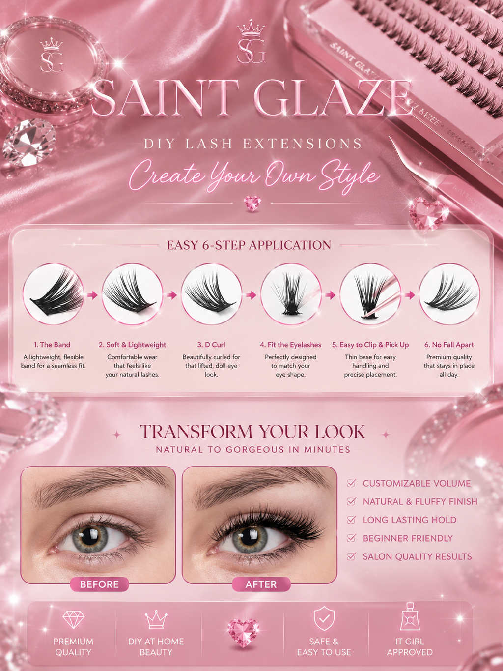 DIY Clusters Lash Kit Full Set 8-16mm Mix Bond&Seal/Tweezers